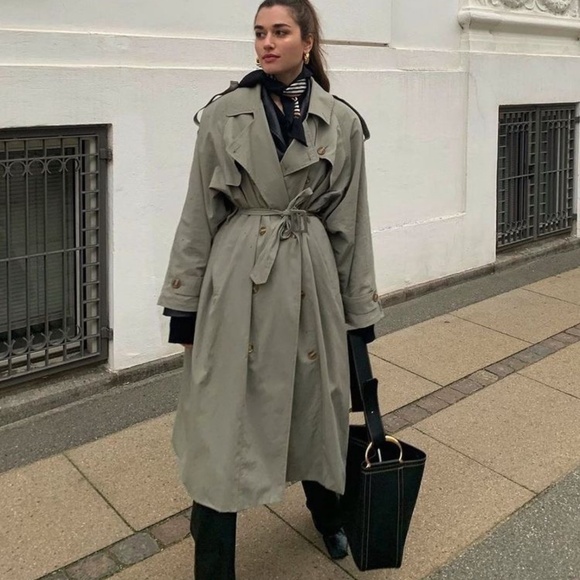 90s Sequence Trench Coat Full Length Taupe Grey Utility Belted Long Oversized - Picture 1 of 14